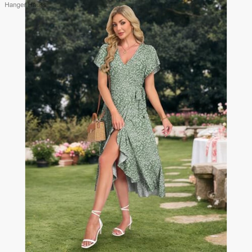 Summer Midi Dress Wrap V-Neck Flutter Sleeve Ruffle Slit Formal - Picture 2 of 6